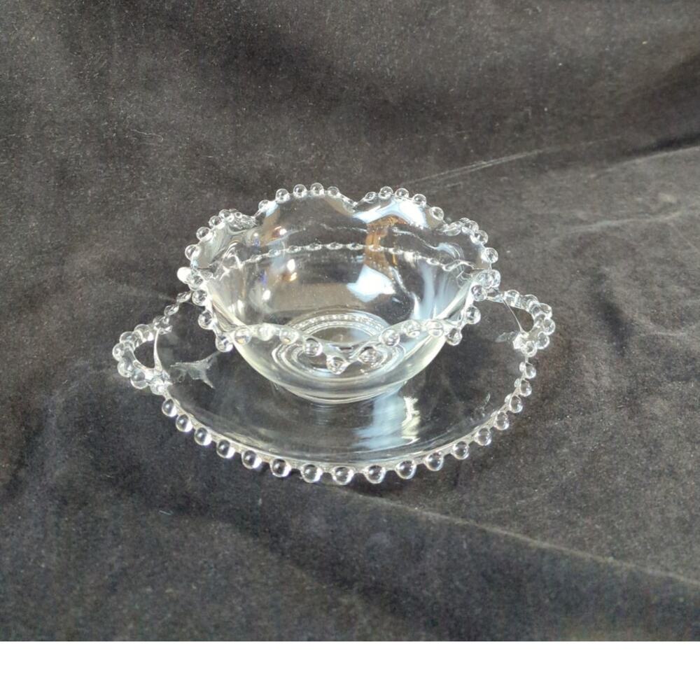 Imperial Glass Clear Candlewick 2-Piece Bowl & Handled Underplate Set Beaded Rim